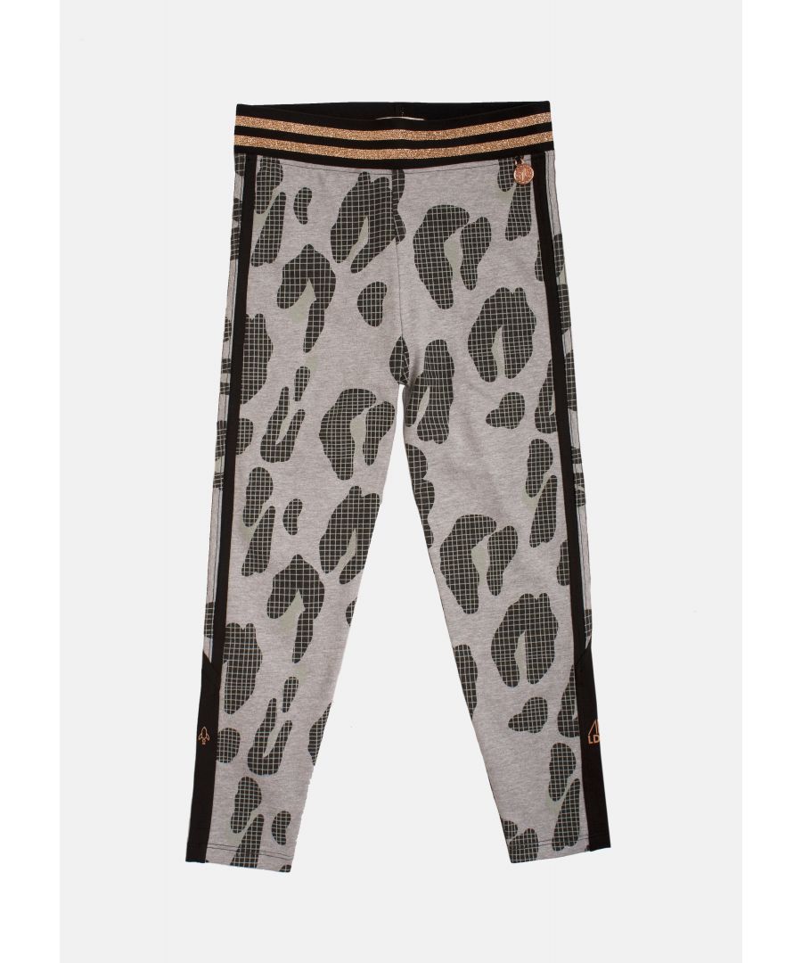 Power print panel leggings are go! Animal print with sport stripe details and chunky metallic stripe waistband. Team with our reign hoody and chunky sneakers. Power up!   Angel & Rocket cares – made with recycled polyester.   Grey   About me: 95% polyester 5% elastane.   Look after me – Think planet  wash at 30c