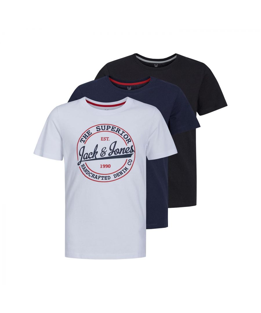 A Kids Logo print T-shirt from our Jack & Jones collection made with 100% cotton, there's no reason to not love this comfy tee and great comfort, thus making it ideal for all-day wear.\n\nFeatures:\n3-pack T-shirt with round front logo\nMade of stretchy and soft cotton jersey\nCrew neck for classic and simple style\nLimitless layering possibilities\nRegular fit with slightly more ease around the body\n100% Cotton\n\nWashing Instruction:\nMachine wash at max 40°C under gentle wash program\nDo not bleach\nTumble dry on low heat settings\nIron on medium heat settings\nDo not dry clean\n\nPackage Includes: Jack&Jones Boy's 3pk Cotton T-Shirts
