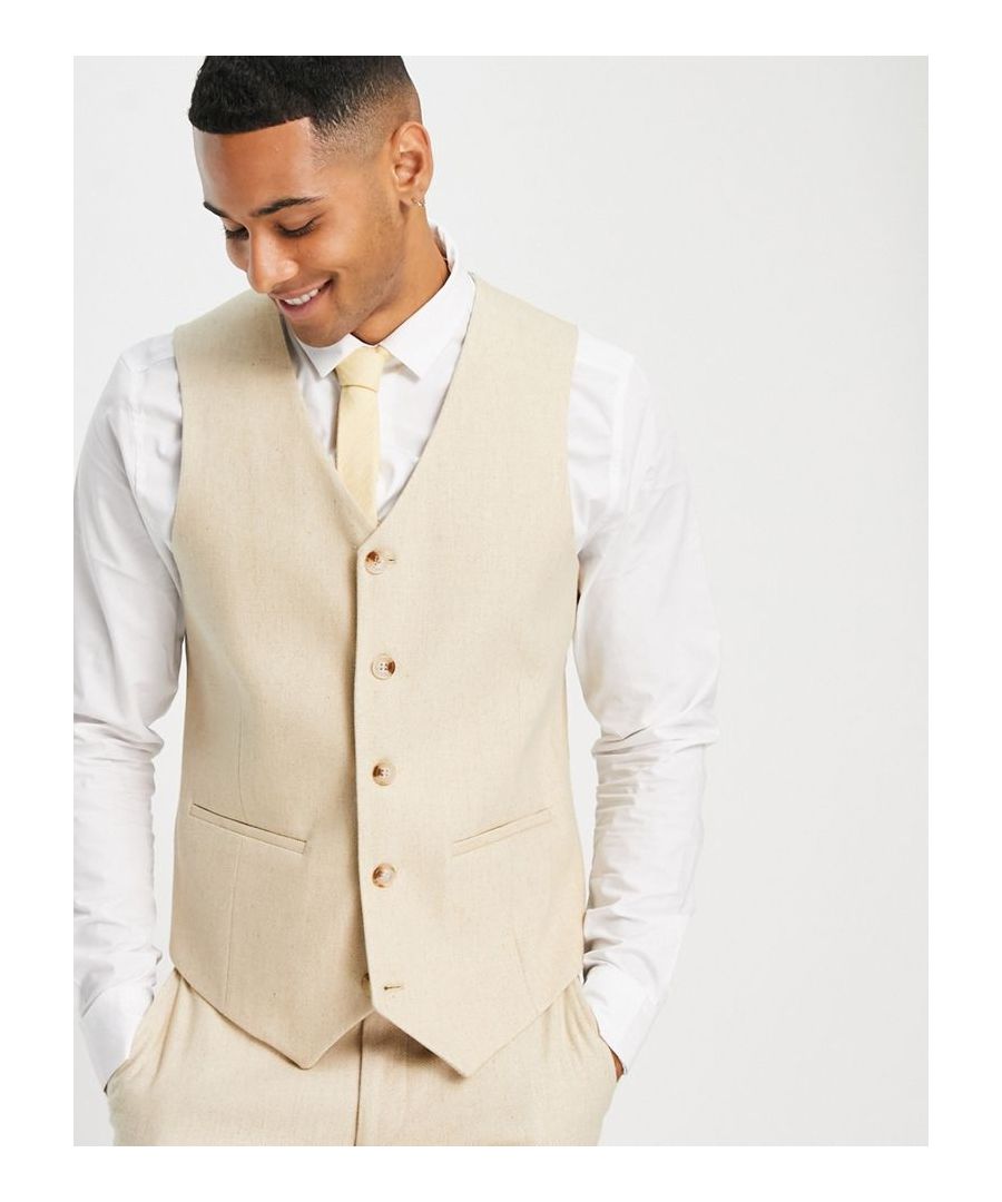 Suits by ASOS DESIGN Effort: made V-neck Button placket Contrast back with an adjustable cinch Skinny fit  Sold By: Asos