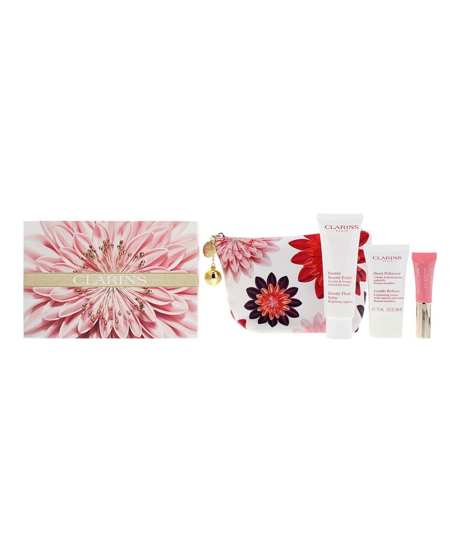 Clarins Radiance Boosting 3 Piece Gift Set: Beauty Flash Balm 50ml - Gentle Refiner Exfoliating Cream 15ml - Lip Perfector 01 Rose Shimmer 5ml is a wonderful skincare gift set which comes together with 3 wonderful products that revitalizes your face and eliminates the appearance of fine lines and wrinkles. Gives the skin a healthy glow.