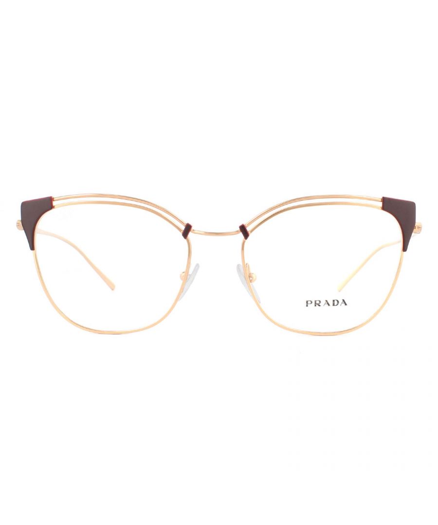 Prada Glasses Frames PR62UV 4001O1 Top Bordeaux and Pink Gold Women  are a stunning cat eye shape crafted from luxurious metal with a double rim to the tops of the lenses. Upswept lenses have coloured outer corners to contrast and Prada engravings embellish the slender temples.