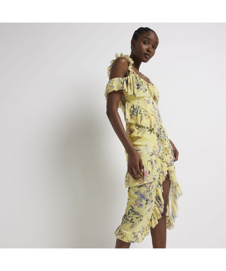 > Brand: River Island> Department: Women> Colour: Yellow> Style: Slip Dress> Size Type: Regular> Material Composition: 100% Polyester> Material: Polyester> Neckline: Off the Shoulder> Sleeve Length: Sleeveless> Dress Length: Midi> Season: SS22