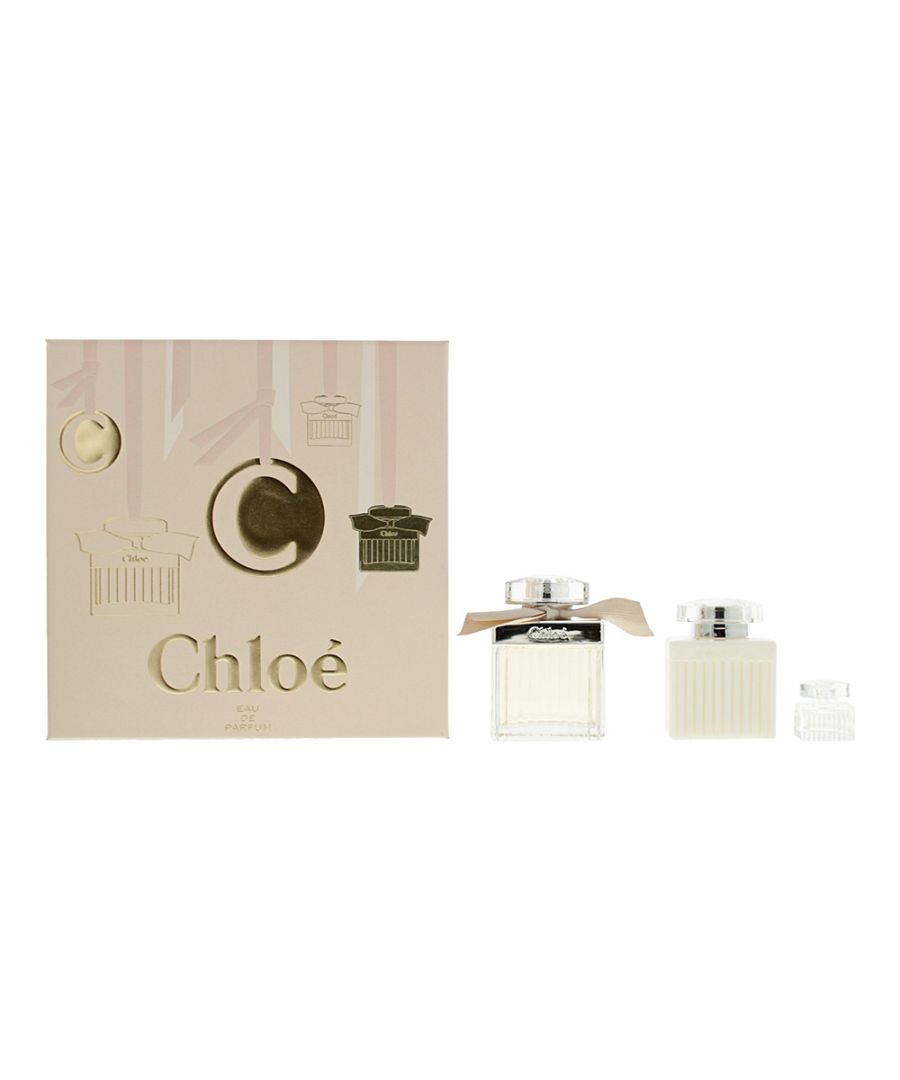Chloe Eau de Parfum is a floral fragrance for women. Top notes: peony, freesia, lychee. Middle notes: rose, lily-of-the-valley, magnolia. Base notes: amber, Virginia cedar. Chloe was launched in 2008. This 3 piece gift includes a large (75ml) bottle of Eau De Parfum, a small (5ml) bottle of Eau De Parfum, ideal for a top up squirt on the go, and a 100ml bottle of fragranced body lotion.