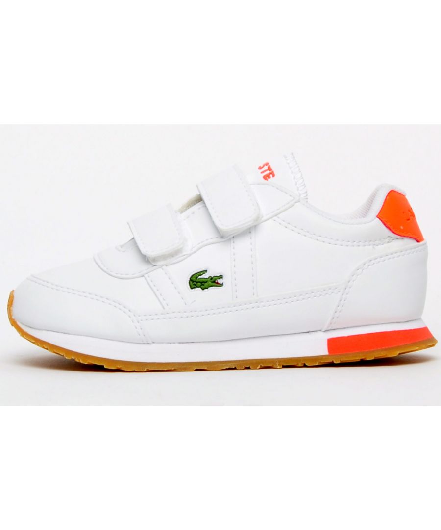 This timeless Lacoste Partner infant girls trainer oozes retro classic style featuring a synthetic upper with a secure hook and loop fastening system and low-cut padded collar to provide the ankle with freedom of movement.\n These on-trend chic trainers are delivered with a textile inner for that comfortable sock like feel and an ortholite padded insole to provide cushioning with every step you take, the Lacoste Partner is a cool classic trainer that will be sure to turn heads.\n - Synthetic upper\n - Hook and loop fastening for a secure fit\n - Textile lining\n - Ortholite insoles\n - Durable rubber outsole\n - Soft padded heel and ankle collar\n - Lacoste branding throughout\n Please Note:\n These Lacoste trainers are sold as B grades which means there may be some very slight cosmetic issues on the shoe and they come in a Lacoste box with the Lacoste brand authenticity details attached to it. We have checked every pair of these shoes and in our opinion at these heavily reduced prices all are very saleable. All shoes are guaranteed against fair wear and tear and offer a substantial saving against the normal high street price. The overall function or performance of the shoe will not be affected by cosmetic issues. B Grades are original authentic products released by the brand manufacturer with their approval at greatly reduced prices. If you are unhappy with your purchase we will be more than happy to take the shoes back from you and issue a full refund