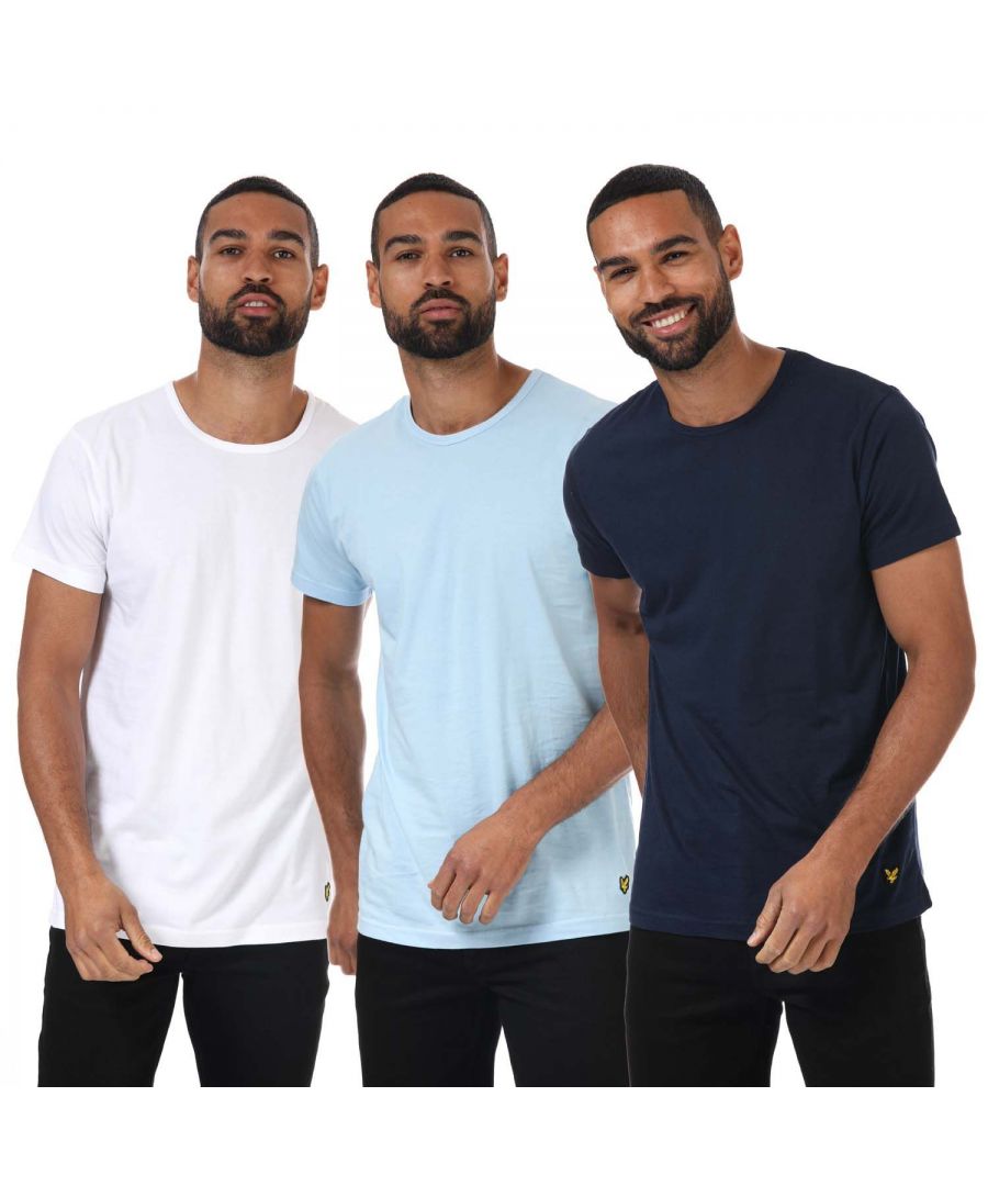 Mens Lyle And Scott Maxwell 3 Pack Lounge T- Shirts in blue- white.- Ribbed crew neck.- Short sleeves.- Embroidered eagle logo.- Regular fit.- 95% Cotton  5% Elastane. Machine washable. - Ref: MAXWELL9087