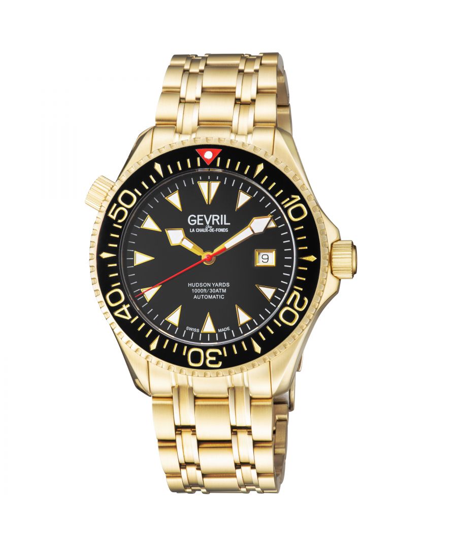 The newest addition to the Divers Collection, Hudson Yards perfectly encapsulates the culture and commerce of Manhattan’s lower west side gated community. Whether shopping the Yards, dining or diving, the Hudson Yards collection is a winner.\n\nIn six unique styles, each timepiece makes a bold statement equally fit for 300 meters below or fine dining above. In classic black or diver blue watch face, gold or silver stainless steel, Hudson Yards is expertly crafted with Gevril’s quintessential automatic Swiss movement. Not only stylish, the collection is water resistant up to 300 meters or 1,000 feet replete with a helium release valve suitable for serious divers.\n\nThe train track style bracelet isn’t solely strong form— its function won’t break or bend. In a handsome design including luminous markers and a ceramic rotating bezel, each fortified piece is handcrafted for endurance and showmanship.\n\nBefitting the depths of the ocean or the tables of a Michelin star, Hudson Yards hits the mark.