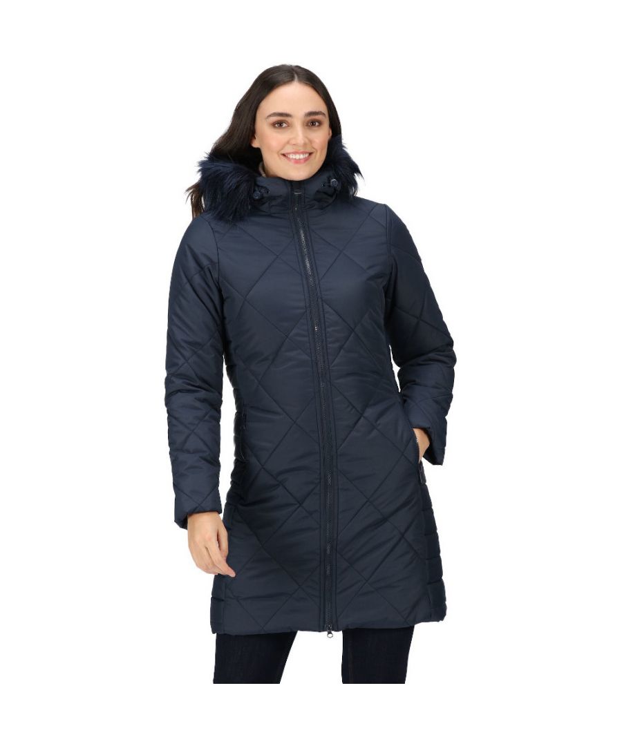 100% polyester water repellent baffle micro poplin fabric. Thermoguard insulation. 100% polyester taffeta lining. Internal security pocket. Grown on hood with faux fur trim. 2 way centre front zip. 2 concealed lower zip pockets.