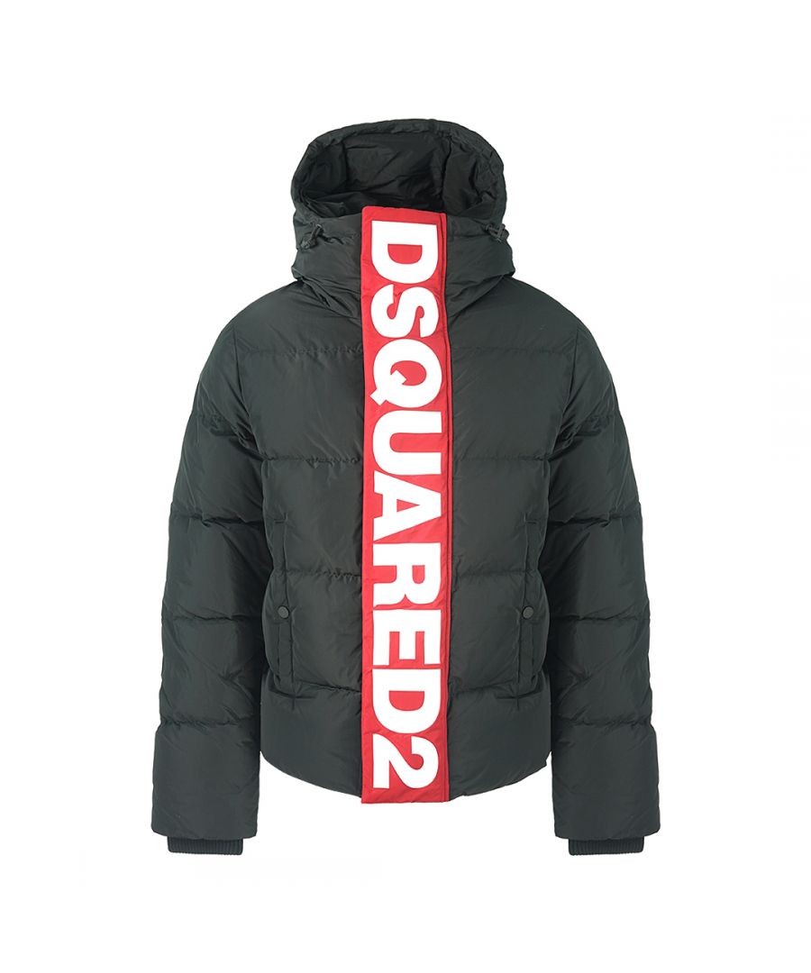Dsquared2 Large Red Vertical Logo Black Down Jacket. D2 S71AN0244 S53353 961 Down Jacket. Zip Closure, Large Red Vertical Branding. Regular Fit, Fits True To Size. Jacket Filling 90% Duck Down, 10% Duck Feathers. Front Pockets, Hooded Jacket