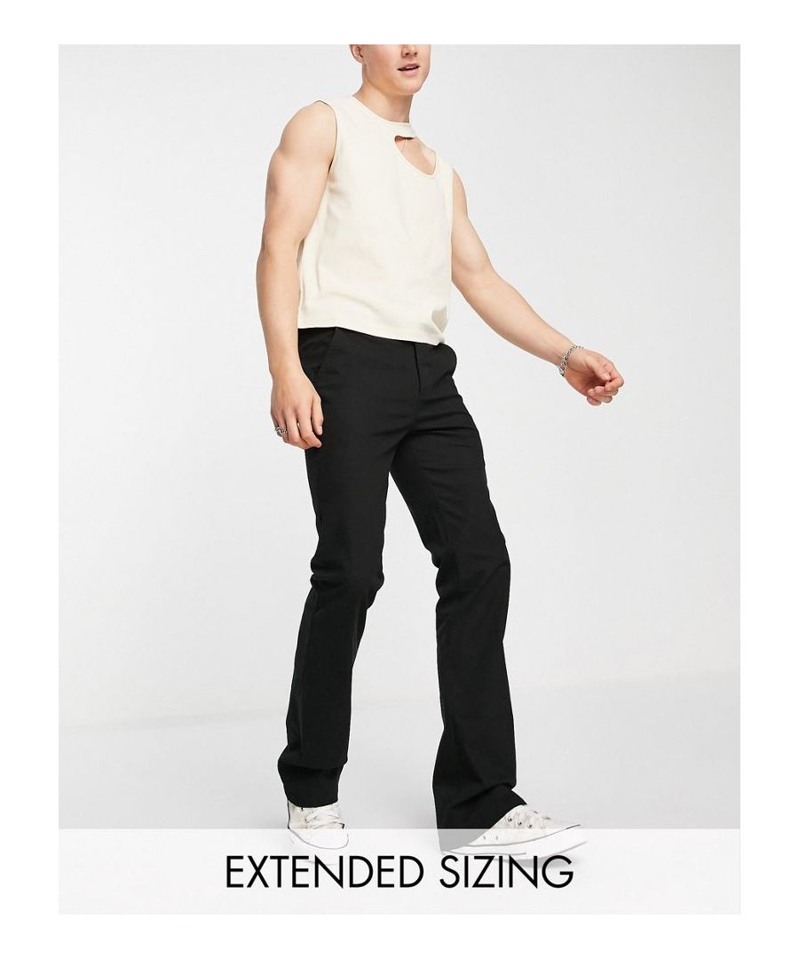 Trousers by ASOS DESIGN Waist-down dressing Regular rise Belt loops Zip fly Side pockets Flared fit Sold by Asos