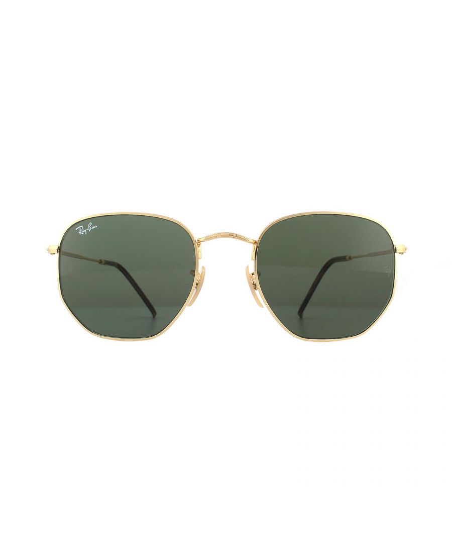 Ray-Ban Sunglasses Hexagonal 3548N 001 Gold Green are a very unique hexagonal shaped frame and feature the latest flat crystal lenses for an updated version of the classic metal round sunglasses. Super thin temples and coined profile to the frame finish the modern fashionable look.