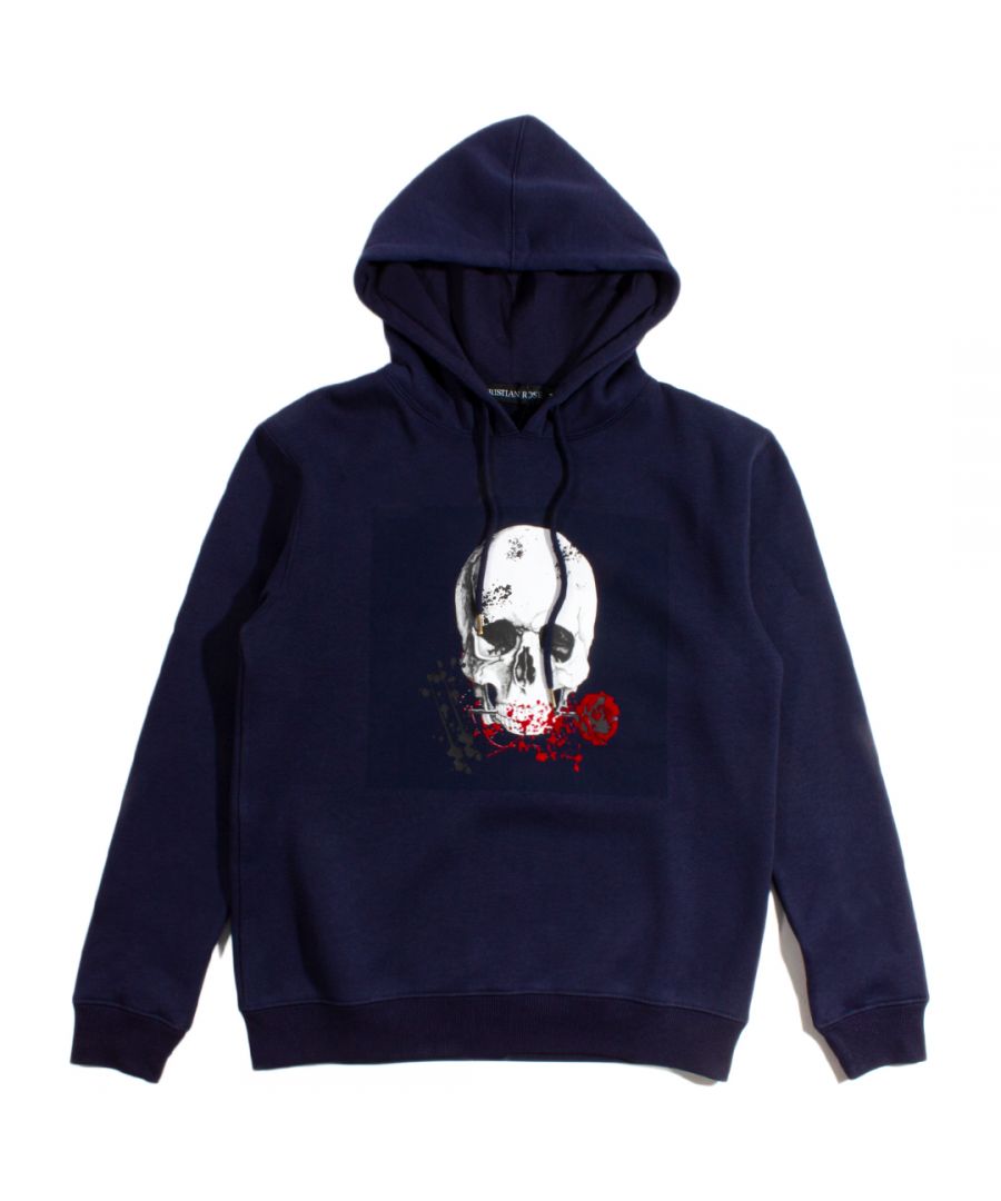 This Christian Rose navy pullover hoodie features a skull & rose printed design on the center of the chest.