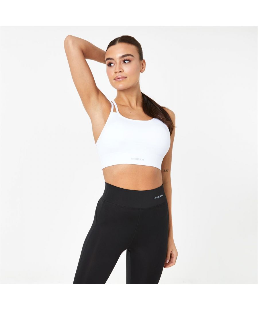 LA Gear Crop Bra - This LA Gear Crop Bra is crafted with double spaghetti straps each side and a crew neck for a classic look. It features flat lock seams for comfort and is padded for light support. This bra is a lightweight sweat wicking construction designed with a signature logo and is complete with LA Gear branding.