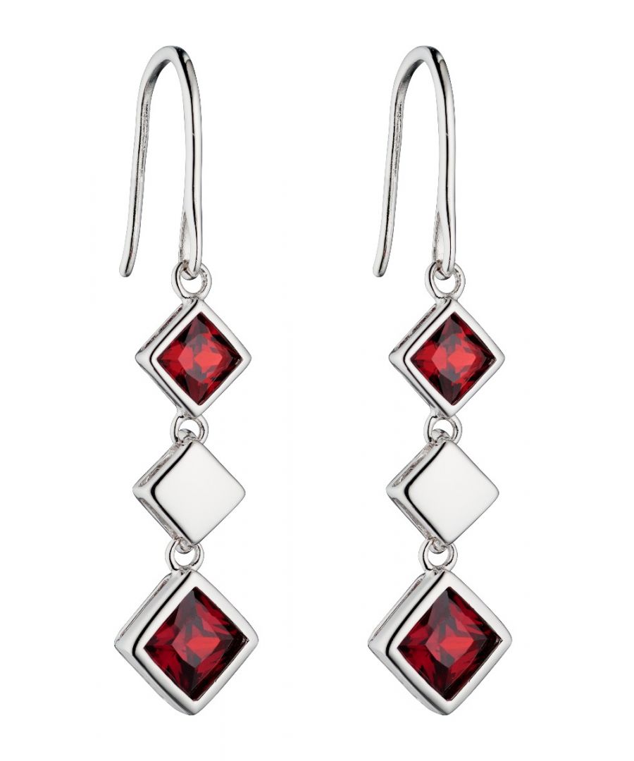 Image for Fiorelli Silver Womens Rhodium Plated 925 Sterling Silver Red & Clear Cubic Zirconia Squares Dangle Hook Earrings