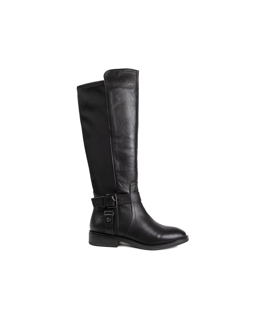 Women's Black Xti 43363 Zip-up Knee High Boots Designed With A Smooth Synthetic Faux-leather Upper, Elasticated Calf Panel, And Decorative Ankle Strap And Buckle Detail. These Ladies' Riding Boots Have An Inside Zip Fastening, Padded Lining, And Branded Synthetic Sole.