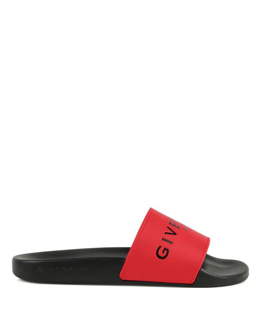 These Givenchy Kids Unisex Sliders in Red/Black features the designer's name is in black on the front and embossed onto the side of the sole. They are made in flexible, practical rubber with a shaped inner sole and non-slip outer sole.\n\nLogo branding at the front in black\nFlexible, practical rubber\nShaped inner sole and non slip outer sole