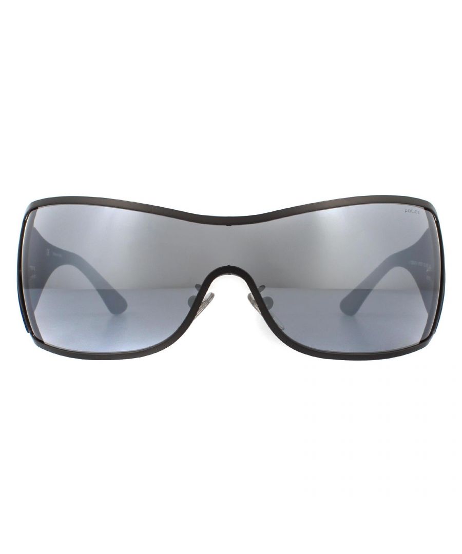 Police Sunglasses S8103V Origins 9 627X Matte Gunmetal Grey with Silver Flash Mirror are a shield style with one large lens and a metal frame front. The adjustible nose pads allow for a personlised fit and the thick plastic temples showcasing the Police logo for brand authenticity