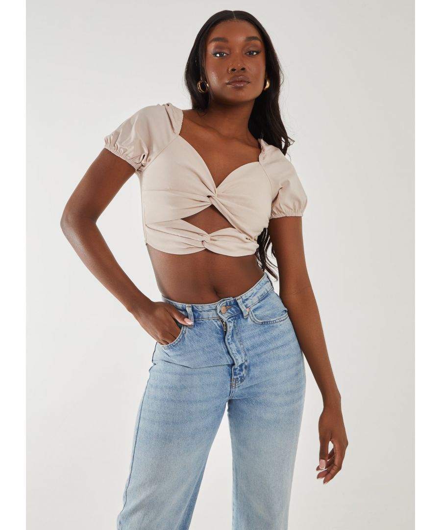 Pink Vanilla Womens Puff Sleeve Bengaline Cropped Top - Stone - Size Medium