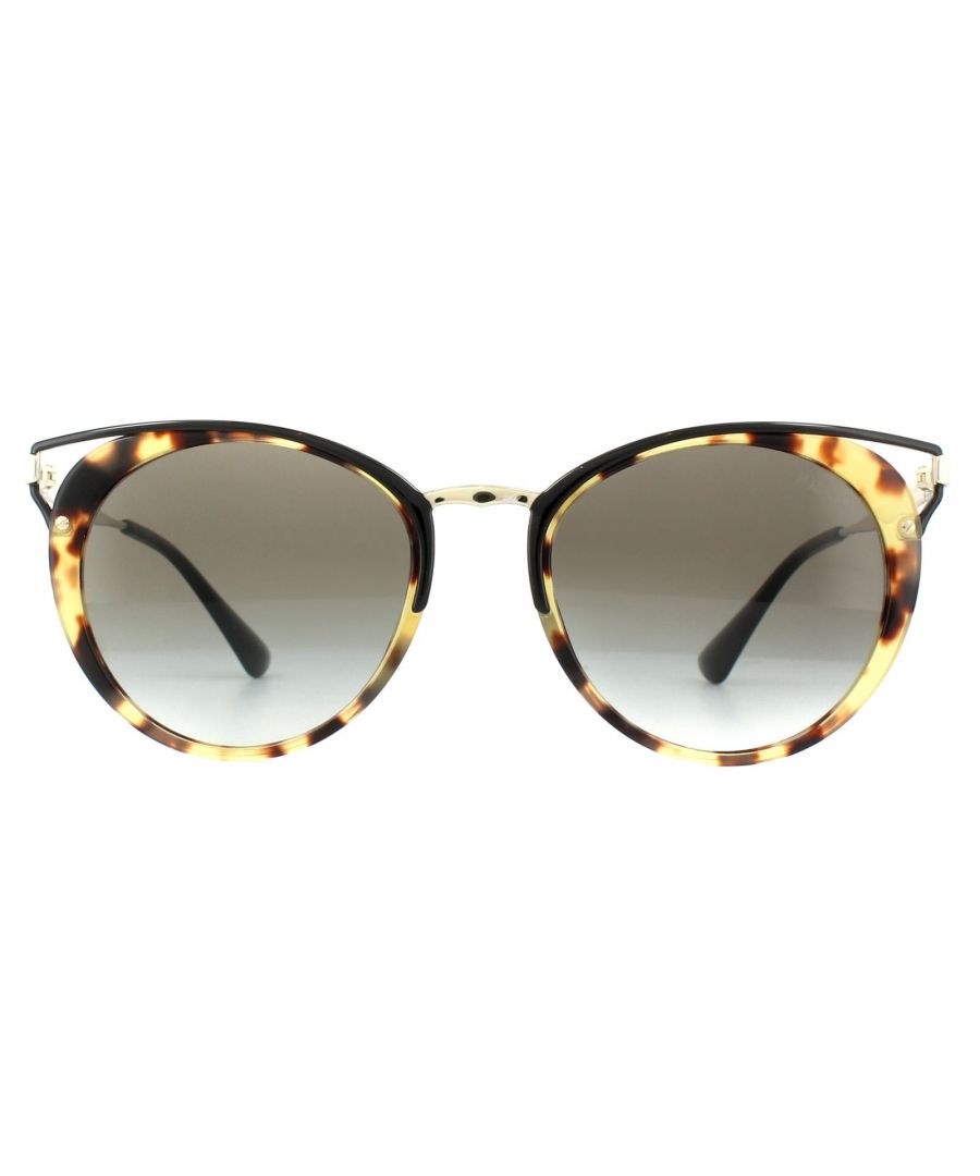 Prada Sunglasses PR66TS 7S00A7 Medium Havana Grey Gradient feature round lenses that are given a cat's eye look with the addition of a frame extension to the corners for a unique trendy look.