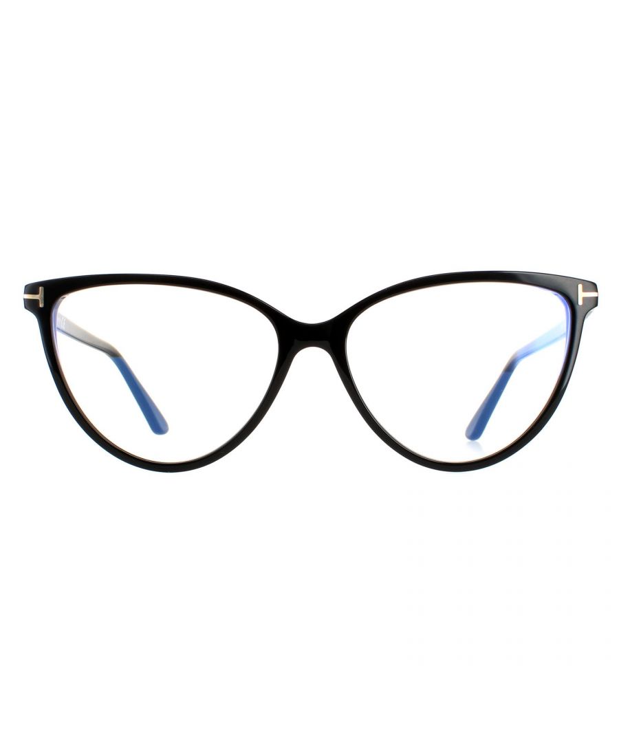 Tom Ford Cat Eye Womens Shiny Black FT5743-B  FT5743-B are a glamorous cat eye design crafted from lightweight acetate and embellished with the signature Tom Ford T logo along the temples. Blue light block lenses help to prevent and reduce eye strain from long exposure to blue light from digital devices.