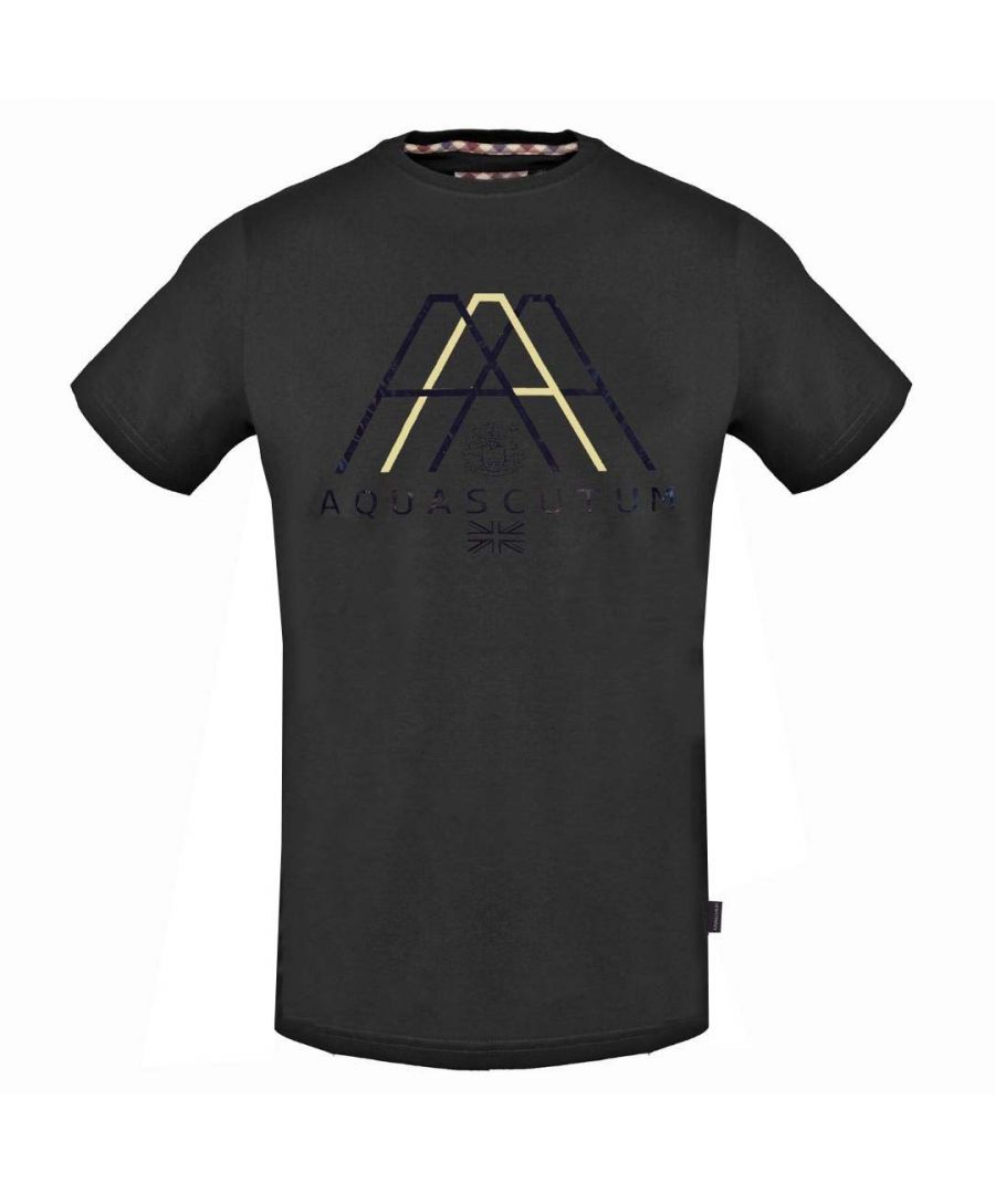 Aquascutum Triple A-logo zwart T-shirt. T-shirt met ronde hals, korte mouwen. Stretch pasvorm 95% katoen 5% elastaan. Normale pasvorm, valt normaal qua maat. Stijl TSIA04 99
