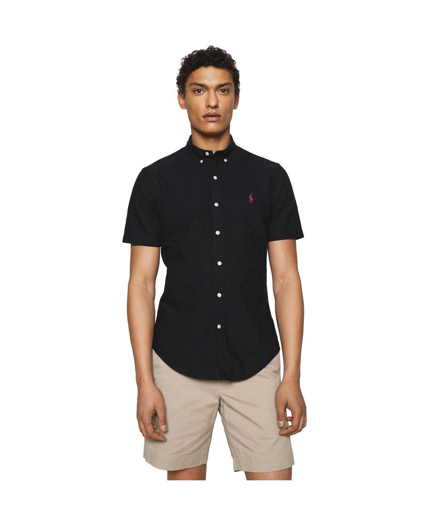 Polo Ralph Lauren Short Sleeves Custom Fit Shirt. Signature embroidered Logo on the left chest. Features a Button-down point collar. Buttoned placket. Split back yoke with a box pleat ensures a comfortable fit and a greater range of motion.