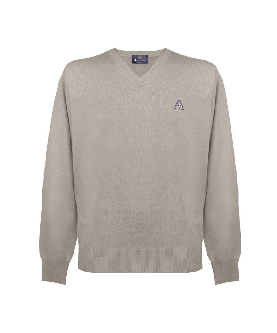 Aquascutum Beige Check A Logo V-Neck Jumper. Aquascutum Check Logo Beige Knitwear Sweater. 50% Viscose, 25% Nylon, 25% Wool. Branded A In Classic Check On Left Chest. Regular Fit, Fits True To Size. 15089 01