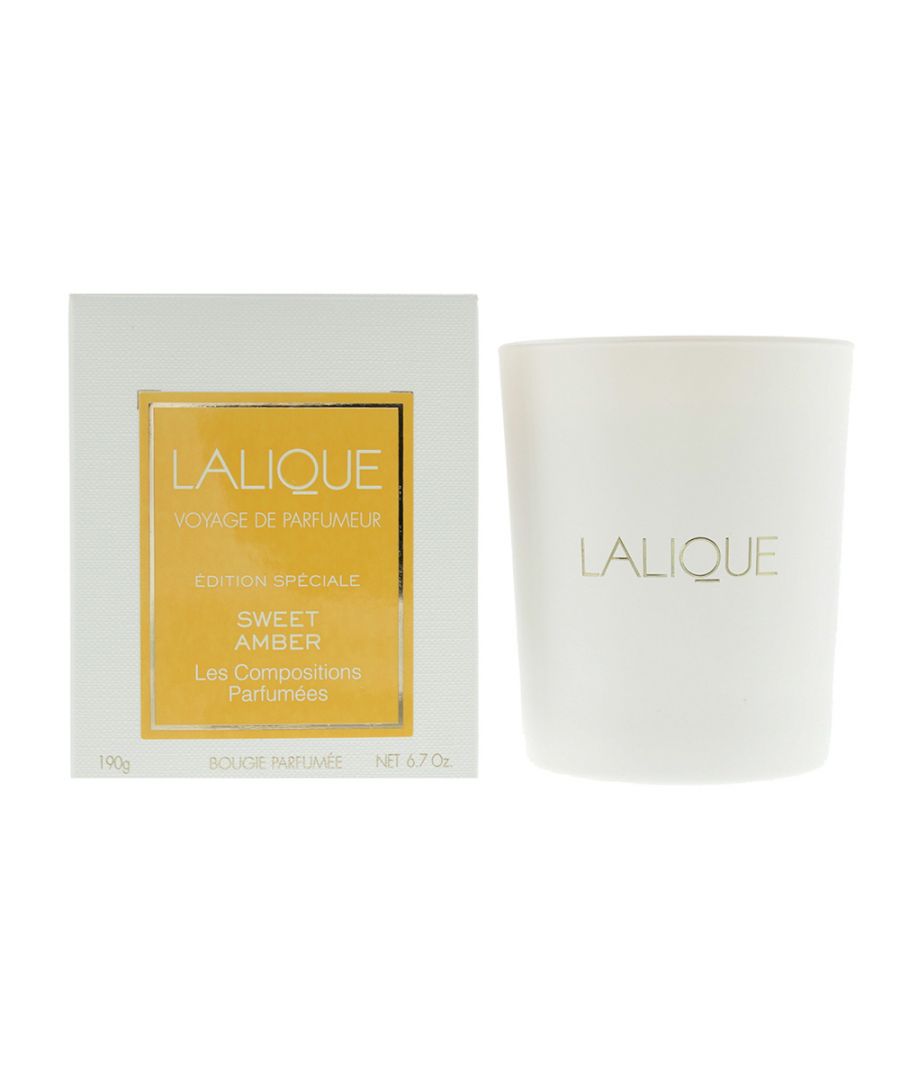 The Lalique Sweet Amber Candle is a candle inspired by perfumery, jewellery and crystal making. The candle's scent contains top notes of Heliotrope, Neroli and Star Anise; the heart notes are Jasmine Sambac, Orange Blossom and Tuberose; whilst the base notes consist of Sandalwood, Vanilla, Ambroxan and Galaxolide. As a result of the notes, the fragrance is a wonderful floral one for the most part, with a soft, clean musky base. The candle should burn for between 40 and 50 hours.