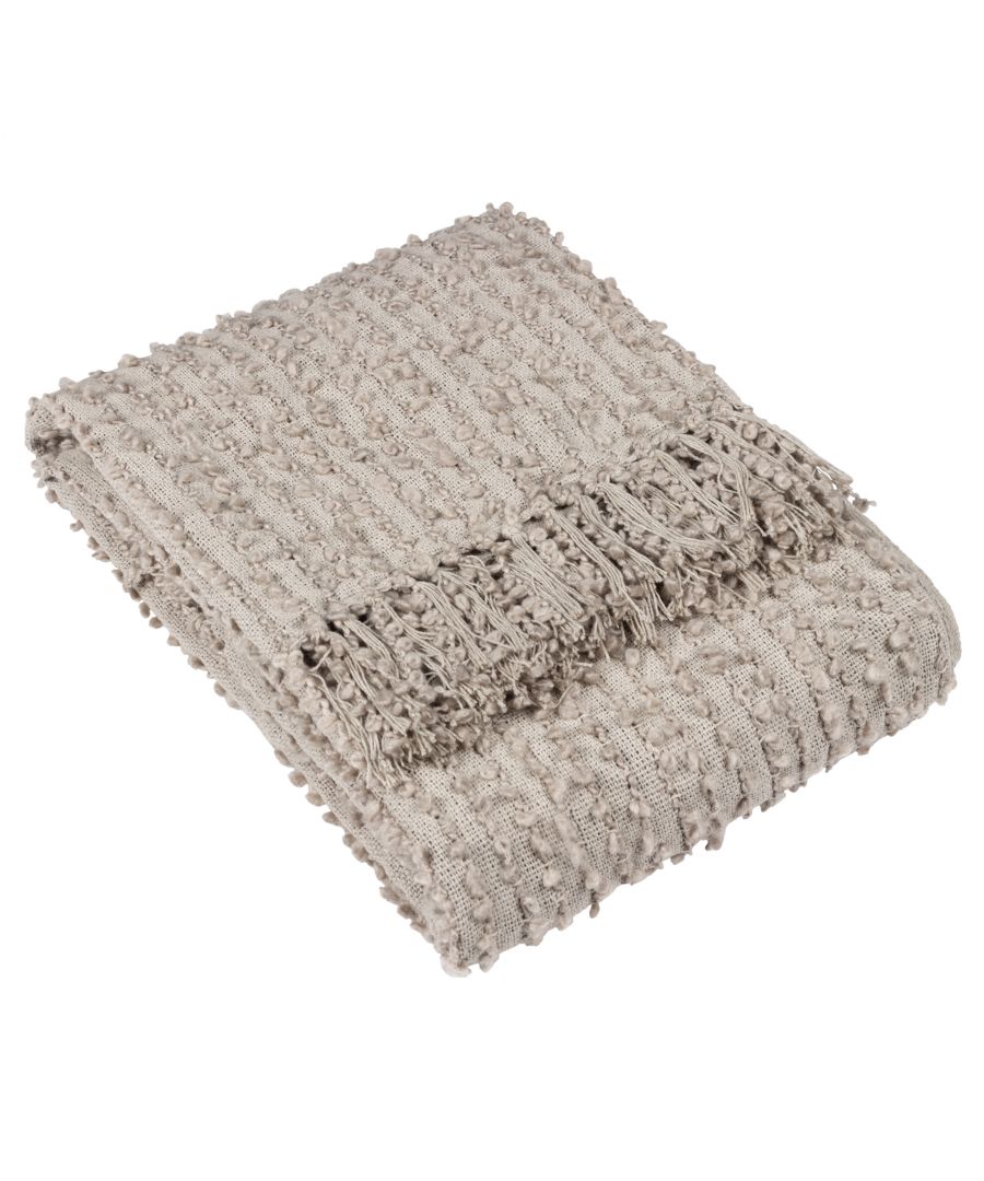 Add instant style and texture to any space with the Arvo throw. This woven design is adorned with elegant strands of vertical boucle yarn, which slide gracefully down the piece, until they meet the textural fringing at both ends. It comes in a range of muted, chic tones, which are inspired by modern neutrals and fashion fabrics. A simple, but polished throw to drape on your sofa or bed to add instant style and texture to your home.