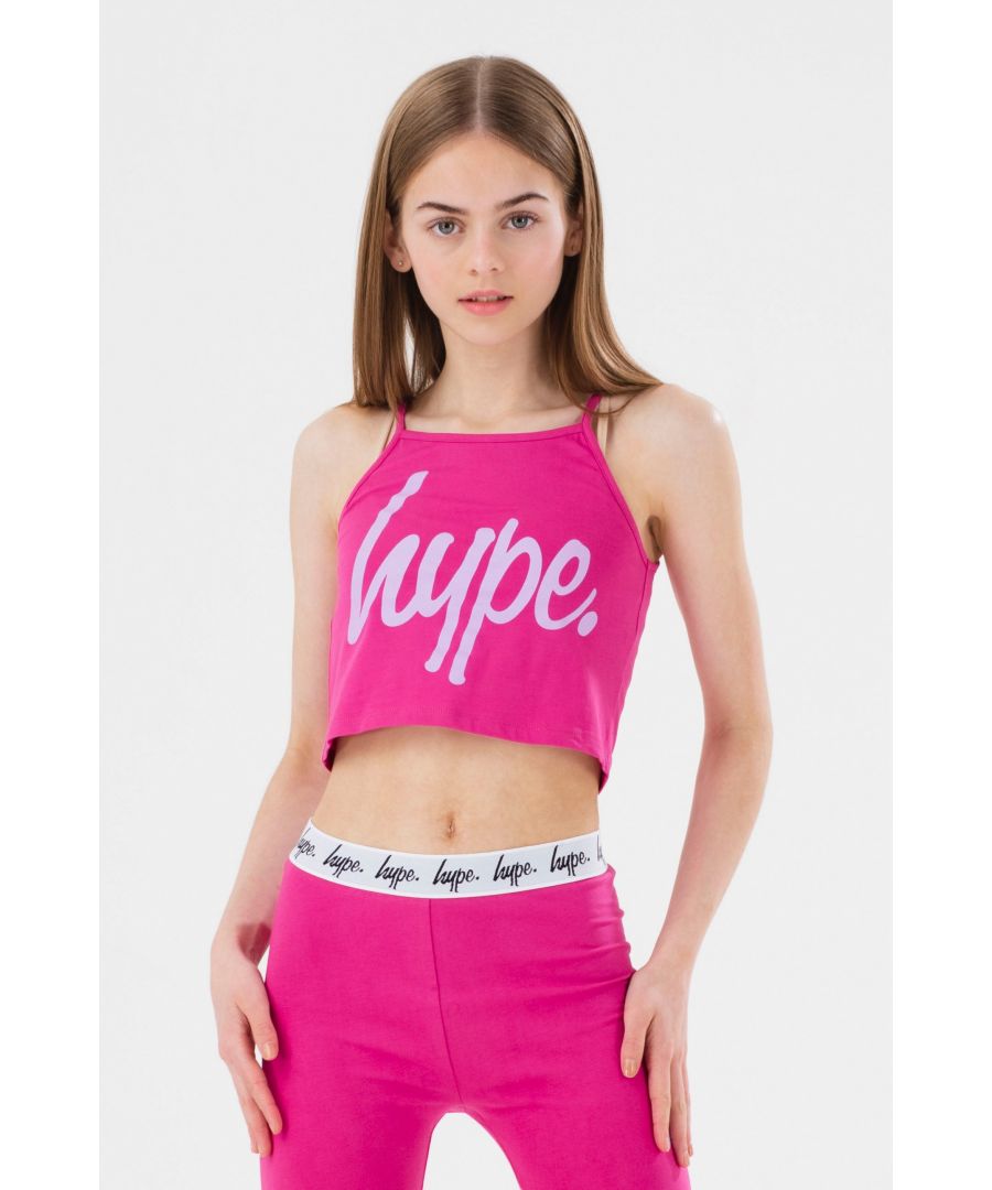 Perfect for those warm summer days, let us introduce you to the HYPE. Berry Script Cami. Boasting a 95% poly 5% elastane berry fabric base for the upmost flexible comfort and featuring the iconic HYPE. script logo in contrasting light pink. Wear with cycle shorts or a matching hoodie for an on-trend look. Machine wash at 30 degrees.