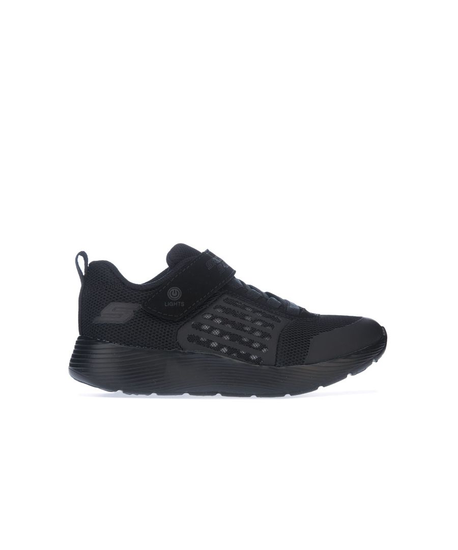 Children Boys Skechers Dyna Light Trainers in black.- Smooth synthetic upper. - Slip on sporty casual light up sneaker design.- Stretch elastic laced front panel.- Heel pulls.- Mesh fabric panels at front  side and heel.- Side panel with horizontal openwork detail.- Multiple mini lights under side panel blink and chase with every step.- Switch on strap can activate or deactivate lighted side panel function.- Contrast colored stitching detail.- Side S logo.- Instep strap with SKECHERS logo.- Adjustable side hook and loop closure for a precise fit.- Padded collar and tongue.- Soft fabric shoe lining.- Cushioned comfort insole.- Shock absorbing midsole.- Flexible nonmarking traction outsole.- Synthetic  Upper  Textile Lining  Synthetic Sole.- Ref: 90740LBBK