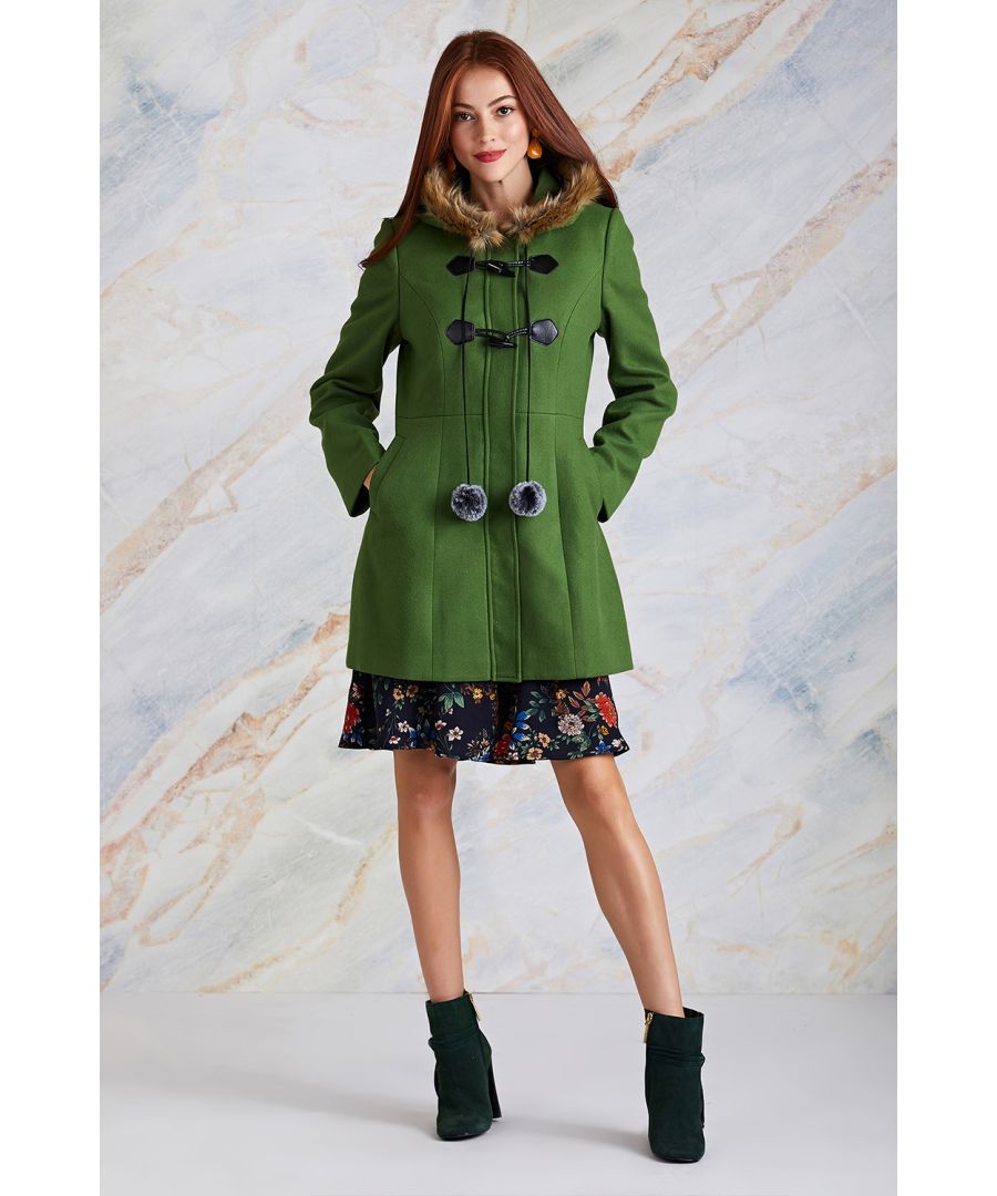 Wrap up this season in this Yumi Green Duffle Coat With Fur Trim. Super cosy and effortlessly stylish, this fitted coat comes in a stunning, vibrant green, with toggle fastenings, a faux fur trimmed hood and super soft, luxurious hanging pom poms.