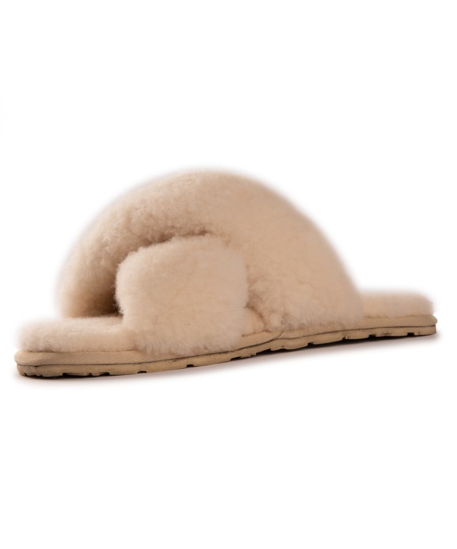Soft premium genuine Australian Sheepskin wool upper \n Easy to slide on footwear used in any weather \n Full premium sheepskin insole \n Cross over style strap giving a great fit \n Soft Rubber outsole – highly durable and lightweight \n Stylish, Fluffy and cosy all at the same time \n 100% brand new and high quality, comes in a branded box, suitable for gifting