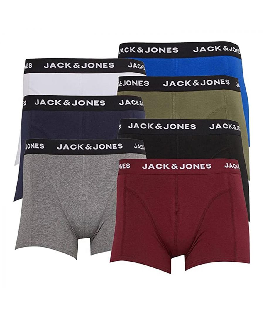Enjoy these Iconic Jack & Jones Men's Jactone In Tone Trunks 7Pack, they are essential for any man's underwear collection as they provide luxury comfort and style.\n\nLong-lasting stretch in the waistband. Anatomically correct H-shape for high comfort.\n\nFeatures:\n7-pack basic trunks\nLots of stretches\nElasticated waistband\nTight and comfortable\n\nWashing Instruction:\nMachine wash at max 40°C under gentle wash program\nDo not bleach\nTumble dry on medium heat settings\nHang dry\nDry clean (no trichloroethylene)\nHigh temp. iron. Highest temp. 200°C\n\nPackage Includes: Men's 7 Pack Jack & Jones Boxer Shorts, Select your size