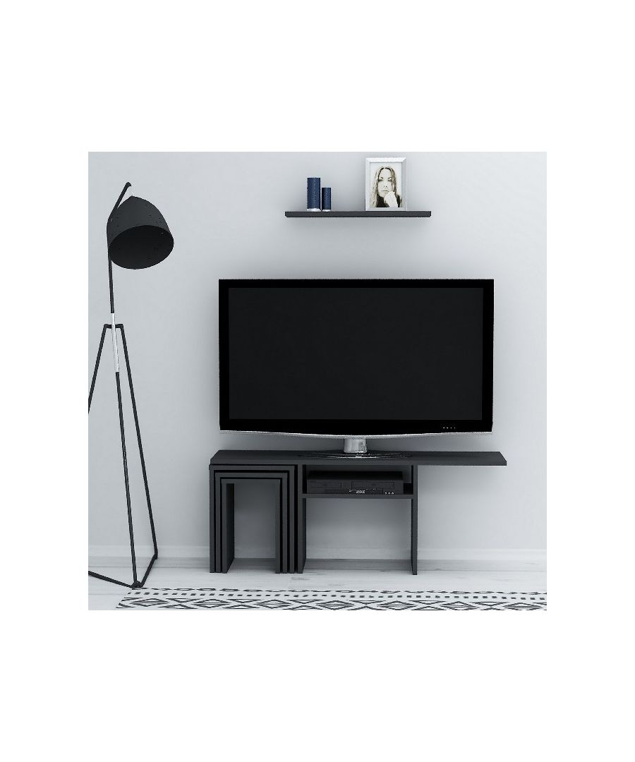 This stylish and functional TV cabinet is the perfect solution for television and all digital devices. Suitable for tidying up accessories. Thanks to its design it is ideal for the living area. Mounting kit included, easy to clean and easy to assemble. Color: Anthracite | Product Dimensions: W120,6xD29,5xH49 cm, W60xD14,5xH1,8cm | Material: Melamine Chipboard | Product Weight: 22 Kg | Supported Weight: TV Stand 15 Kg, 5 Kg for Coffee Table | Packaging Weight: 23 Kg | Number of Boxes: 1 | Packaging Dimensions: 129,8x33,5x11,8 cm.