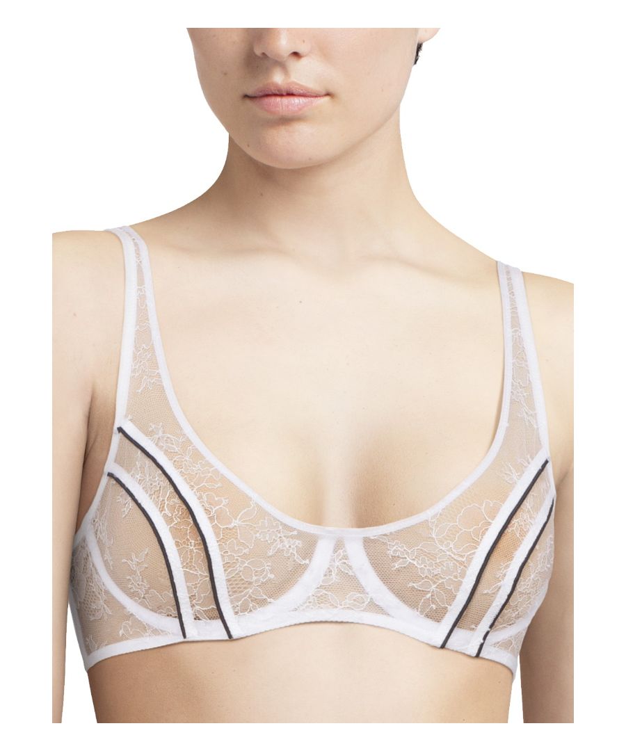 This bra comprises a sheer, full cup in a White and Black colourway. Non-padded, underwired and fastened with a hook and eye closure. Made from a blend of polyamide.