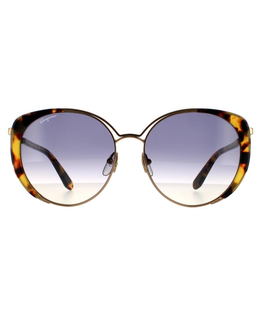 Salvatore Ferragamo Cat Eye Womens Amber Gold Tortoise Blue Gradient Sunglasses SF207S are an oversized contemporary model with cat eye shaped lenses. Thin metal arms are lightweight, and adjustable nose pads ensure all day comfort.. Salvatore Ferragamo's logo features on the temple for brand authenticity.