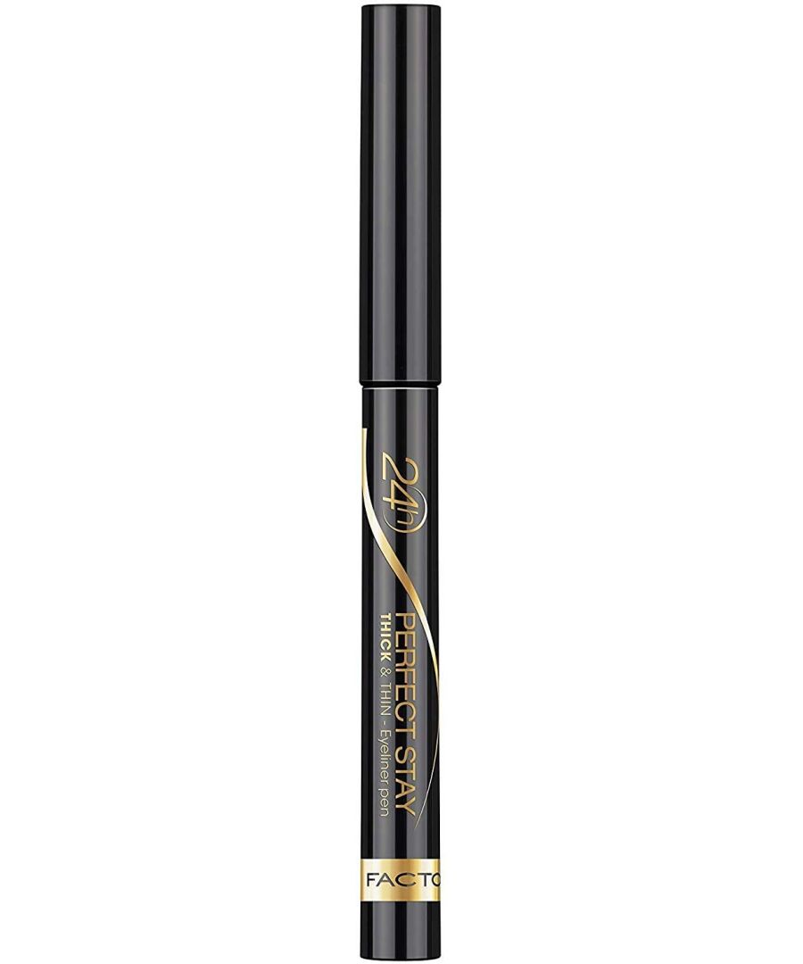 Create multiple looks with the Max Factor Perfect Stay Thick & Thin Eyeliner Pen.  The felt tip style pen allows you to create thick lines with the flat edge of the pen, or delicate thin lines with the slim side.  Available in 090 Black, this highly pigmented liquid eyeliner pen is easy to apply with long-lasting results, up to 24 hours perfect stay.