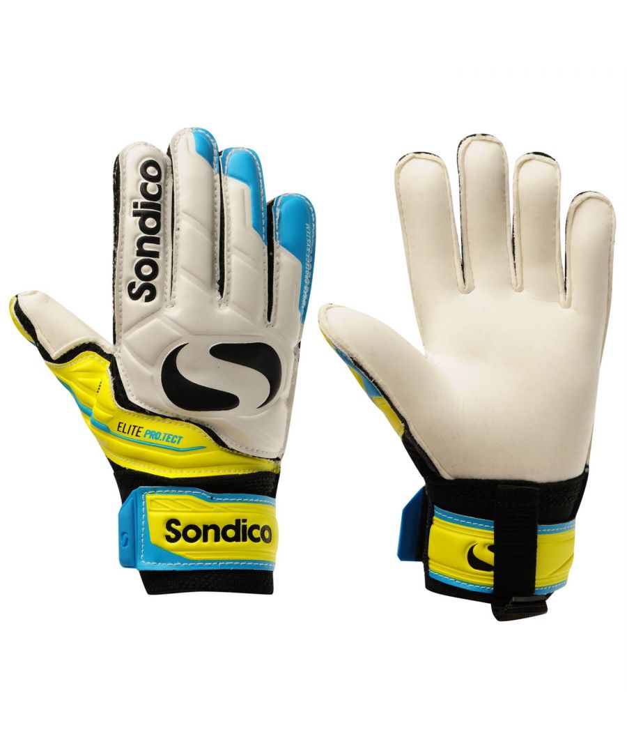 Sondico Elite Protech Goalkeeper Gloves Junior - Stylish in design and made with performance in mind the Sondico Elite Protech Goalkeeper Gloves give the best of both worlds out on the pitch! The top end grip foam palm allows for exceptional saves and helps to boost game confidence. Complete with a hook and loop strap closure for quick and effortless fitting.  > Junior Goalkeeper Gloves > Finger Protect System > Embossed PVC cushioned foam backhand > Breathable mesh panels > Elasticated wrist strap