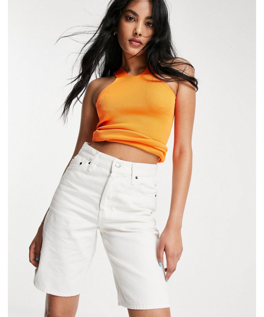 Denim shorts by Topshop Take the short cut High rise Belt loops Five pockets Longline cut Straight fit Sold by Asos