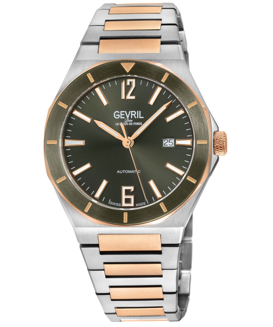 Like a moment of solitude amongst the chaos, Gevril’s High Line Collection is an automatic timepiece with historical roots and sound modern design. Named after Manhattan’s historical High Line park – a nearly 1.5 mile elevated sanctuary of greenery built on a historic steel railway – this collection inspires the cool, calm and collected feel of a walk in the park.\n\nWith clean lines and an expert use of space, the High Line collection features Swiss automatic movement encased by 43mm of pure stainless steel. The unencumbered watch face in Forest Green, Navy, Black, Brown or Silver implies that simplicity well constructed is not to be underestimated. The sunray dial, an ode to the outdoor greenway, and a dark colored bezel reminiscent of the original West Side railway add solid touches to structural integrity. Numbers 6 and 12 on the dial denote the middle and end of the path while the date viewing window at 3 evokes memories of overlooking 10th Avenue.\n\nA modern take with historical references, this collection is elevated and understated – if relaxed and sharp were a watch, the High Line would be it. Because architecture doesn’t have to be complicated to be monumental: the High Line collection.\n\nGevril Men's Automatic Watch from the High Line Collection\n43mm Round 316L Stainless Steel Case, Green Bezel, Green Sunray Dial\nPush/Pull Crown, Date at 6:00\nExhibition Case back\nTwo toned 316L Stainless Steel IPRG Bracelet with Deployment Buckle\nAnti-reflective Sapphire Crystal\nWater Resistant to 100 Meters/10ATM\nSwiss Automatic, SW200 Movement