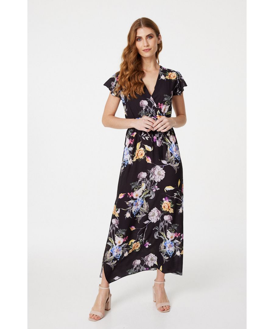 This floral dress looks amazing at special occasion. It has a wrap front with v-neck,Cap Sleeves and comes in a maxi length. Wear with heels and a clutch.