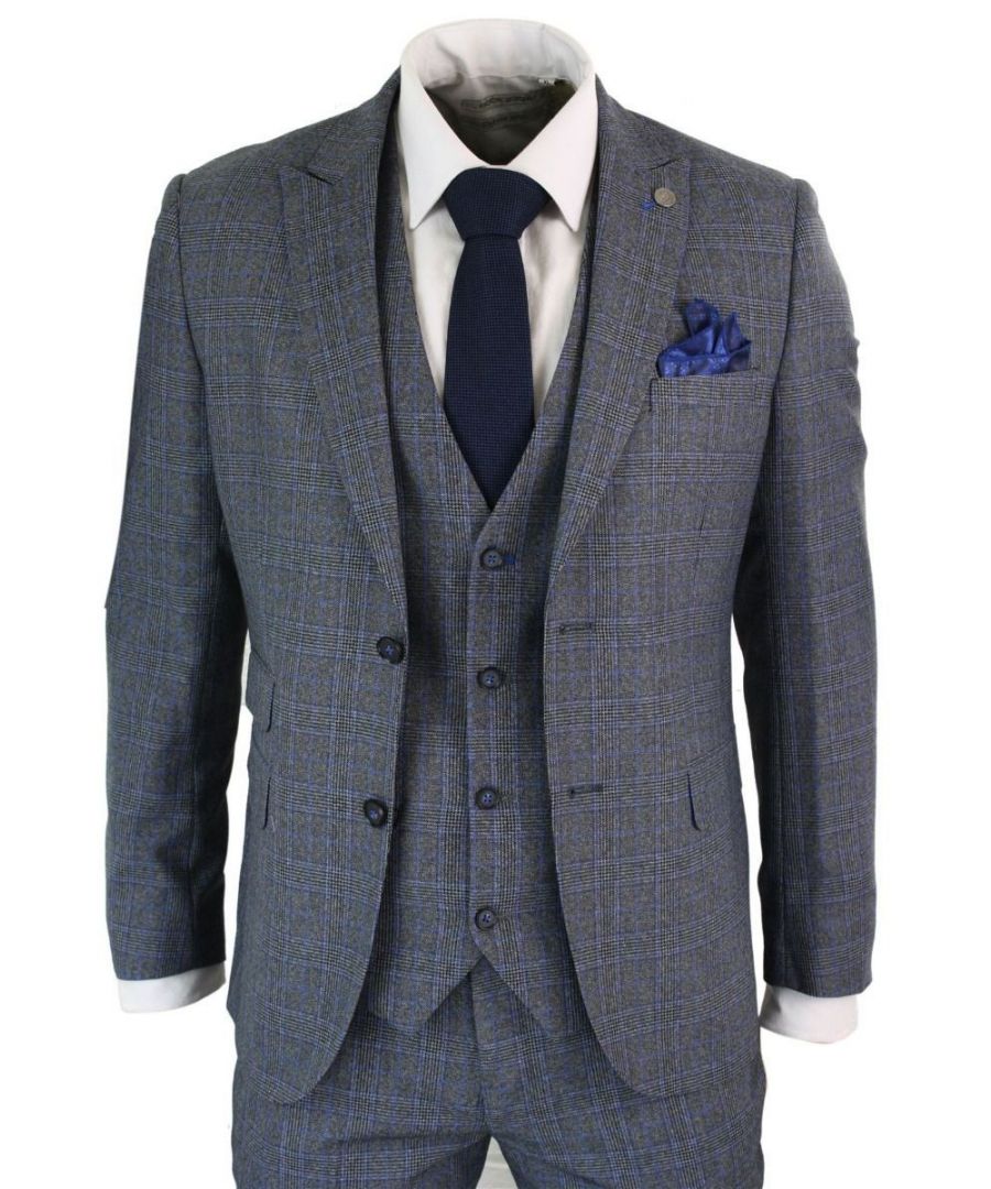 paul andrew mens 3 piece grey blue check vintage retro suit - size 42 (chest)
