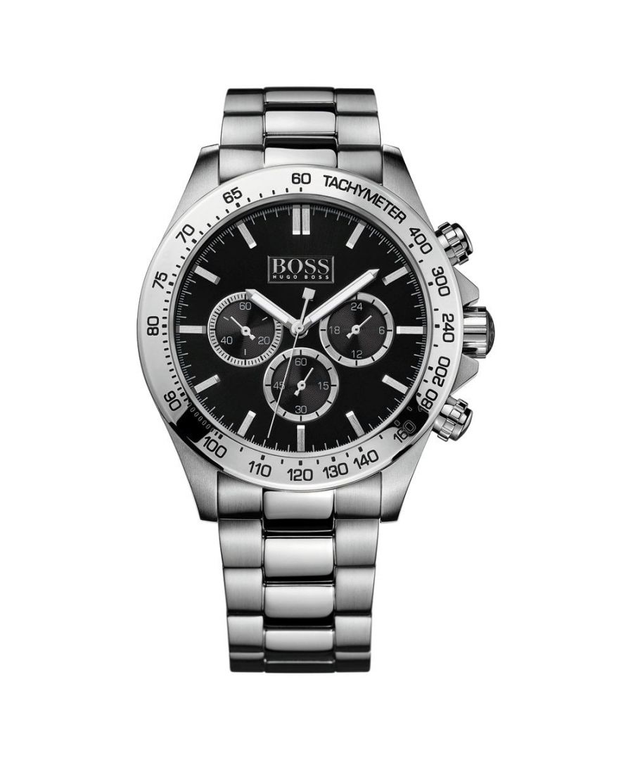 Hugo Boss 1512965 EAN 7613272111737 available in stock with chronograph functions. Case is made out of Stainless Steel while the dial colour is grey  with gold tone baton hour markers. Free standard shipping