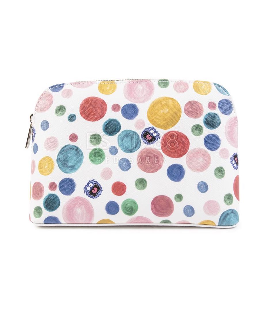 Womens white Ted Baker matila cosmetic bag, manufactured with polyurethane. Featuring: zip closure, gold zip, allover pattern, ted branding and height 15cm x width 21cm x depth 7cm.
