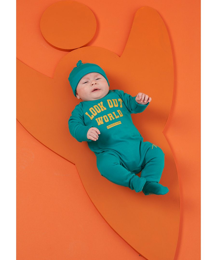 Boss it like a baby in our 'look out world'  onesie. In super soft cotton jersey with popper leg opening for easy fuss free dressing.   Angel & Rocket cares - made with Fairtrade cotton   Colour: Teal   100% Cotton   Look after me: Think planet  wash at 30c