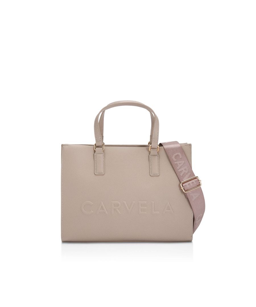 The Frame Midi Tote bag from Carvela features a taupe exterior with slight texture. The front is embossed with the Carvela logo. Dimensions: 23cm (H), 30cm (L), 12cm (D). Strap length: 123cm. Strap drop: 64cm.