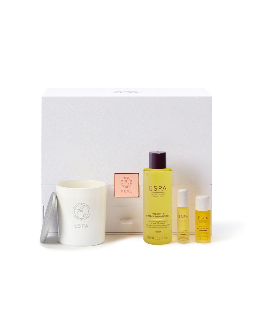 Happiness starts the second you awaken with ESPA's Positivity Collection.  \n\nRise to the scent of the Positivity blend, designed to evoke radiant optimism, with sparkling notes of Jasmine, Gardenia, and Bergamot. This essential oil gift set showcases rich aromatherapy in every luxurious product for uplifting inspiration. \n\nEnjoy the transformative fragrance of ESPA's positivity candle and charm the spirit with an on-the-go pulse point oil. Fill your senses with confidence and exhale with contentment as you journey from day to night. \n\nThis Gift Contains: \nPositivity Bath and Shower Gel – 100ml \nPositivity Bath and Body Oil – 15ml \nPositivity Pulse Point Oil – 9ml \nPositivity Candle - 200g