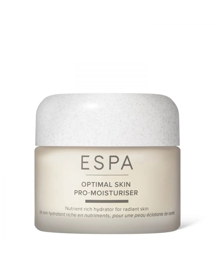 Restore your rightful radiance with the ESPA Optimal Skin ProMoisturiser.  Part of the Optimal collection, this nourishing moisturiser is packed with skin-friendly ingredients to provide long-lasting hydration. Lightweight yet rich, the moisturiser is easily absorbed by skin, delivering almost instant hydration deep into the pores without leaving an oily residue. Enriched with South African Resurrection Plant, the formula moisturises thirsty skin, transforming the texture from dry and dull to soft and luminous. Also infused with Navarra Asparagus Extract, the cream has anti-ageing power, plumping out the appearance of fine lines and wrinkles to reveal a younger-looking surface. Finally, Yeast Bioferment revitalises the complexion, clarifying the surface for a more even tone and texture.