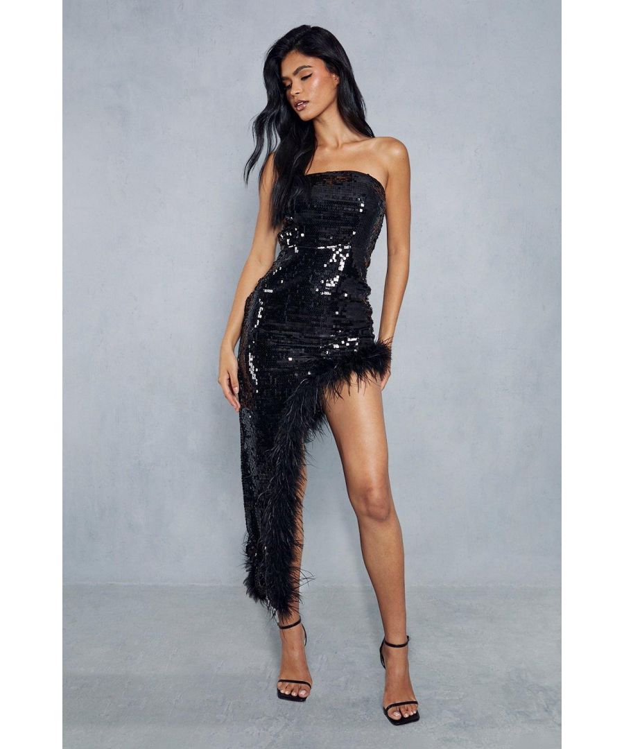 Misspap Womens Sequin Bandeau Feather Hem Asymmetric Midaxi Dress - Black - Size 10 Uk