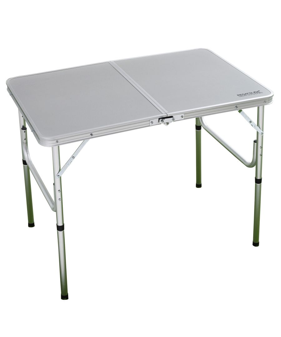 Lightweight and compact bi-folding table. Table folds in half for flat & compact storage. Size (approx): 90 x 60 x 70cm. Fibreboard top with aluminium legs. Adjustable legs allow high or low setting. Maximum load - 30kg. Pack size - 90 x 60 x 6cm. 100% Aluminium.